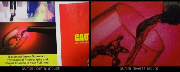 Comparison of magnification of 50mm lens normal and reverse mount