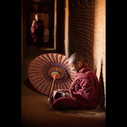 Buddhist monk reading a book and smiling 