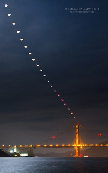 Lunar eclipse trail over a bridge