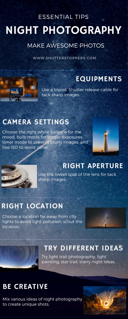 Essential night photography tips infographic 